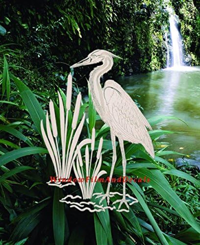Egret & Cattails Right Oval Etched Window Decal Vinyl Glass Cling - 10.5" x 16" - Clear with White Design Elements