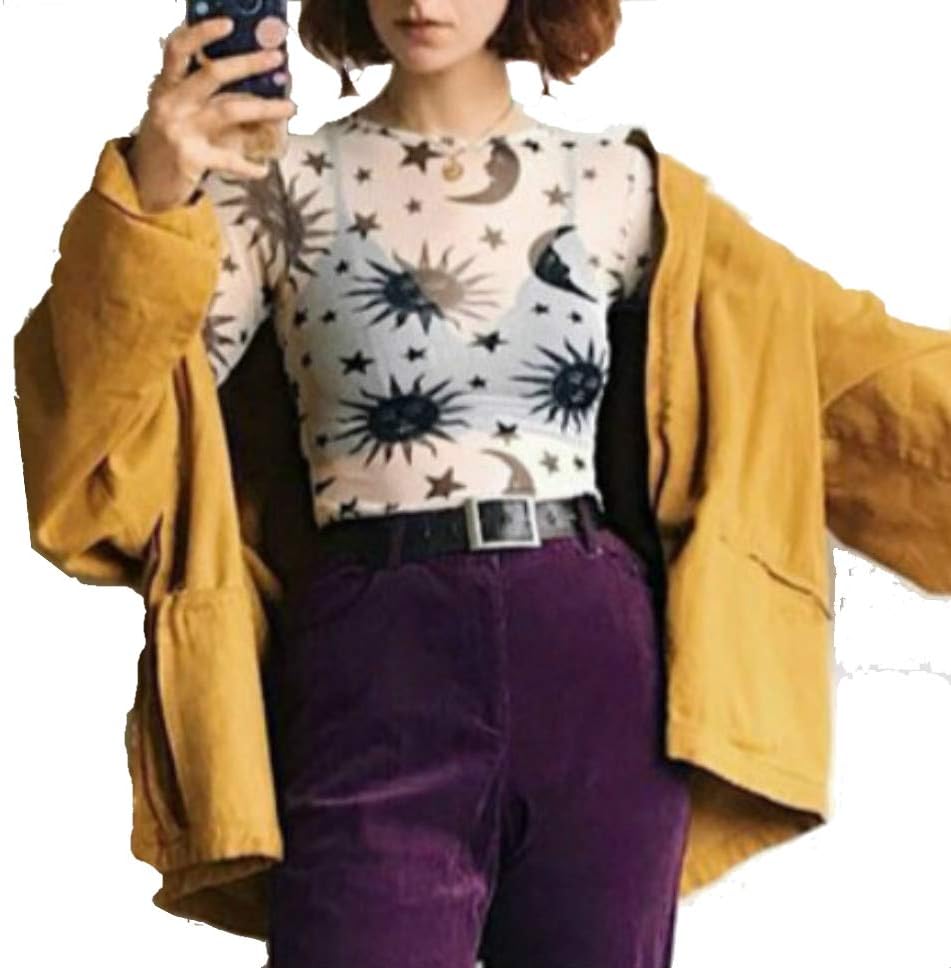 Women's Long Sleeve Sheer Mesh Blouse Sun Moon Stars Little Angel Printed Slim Fit Sexy Top (White,L)