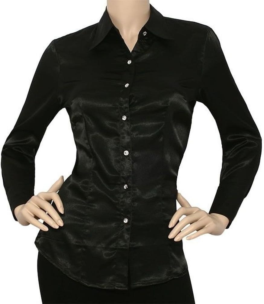 Mememall Fashion Lady Satin Charmeuse L/Slv Button Down Solid Collar Shirts Blouse