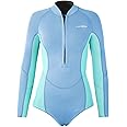 Lansru Women Wetsuit, Upgrade CR Neoprene 2mm One Piece Shorty Wetsuit, Long Sleeve Diving Suits with Front Zipper for Surfing Snorkeling Diving Swimming