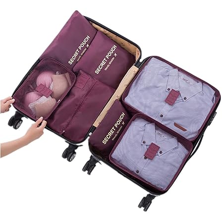 7 Set Kleidertaschen - 3 Packwürfel + 3 Taschen Tasche + 1 Schuhtasche - Perfekter Reisegepäck-Organizer?Wine red?