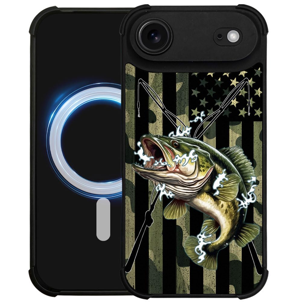heindiy case for iPhone 17 Air,Compatible with Magsafe,All-Round Protection Shockproof Anti-Scratches TPU Case Cover-Camo American Flag Bass Fish