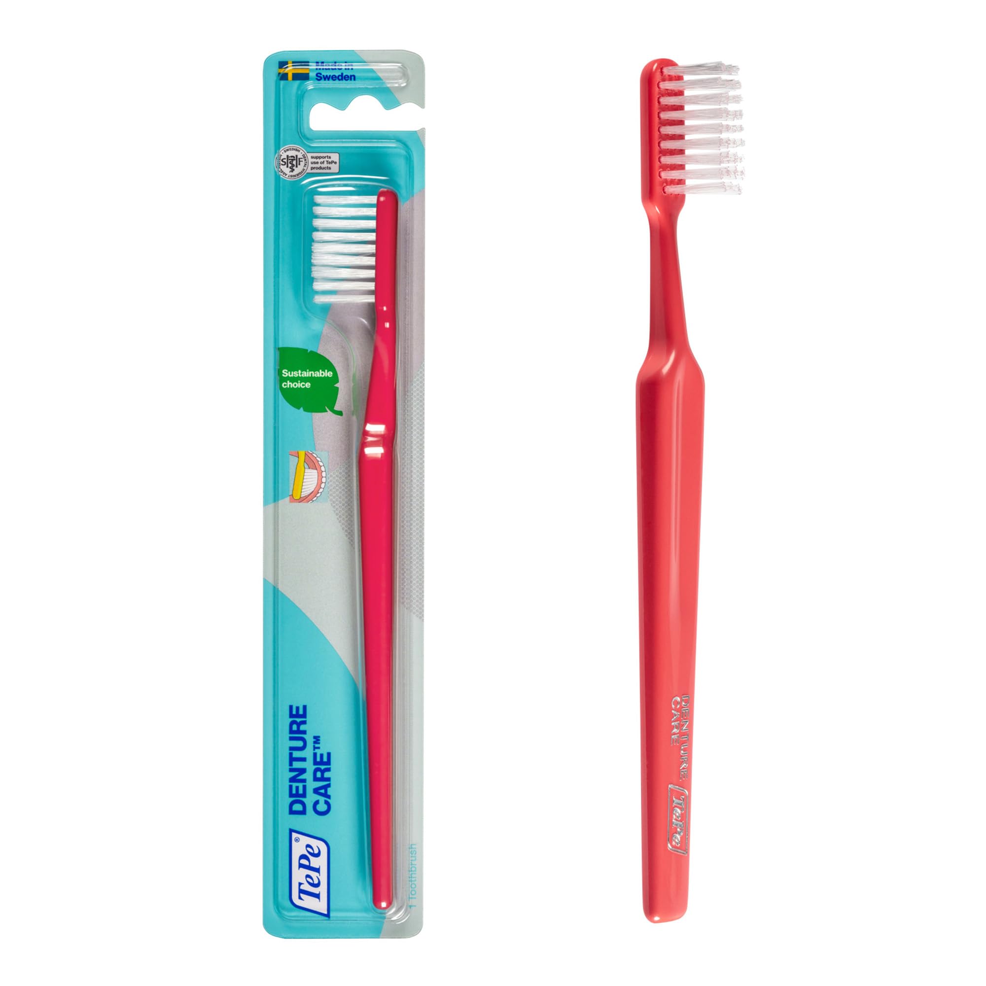 TePe Denture Care Toothbrush, 1pc, Denture Toothbrush with Extra Long and Strong filaments to Ensure Good Accessibility, Easy Cleaning of dentures