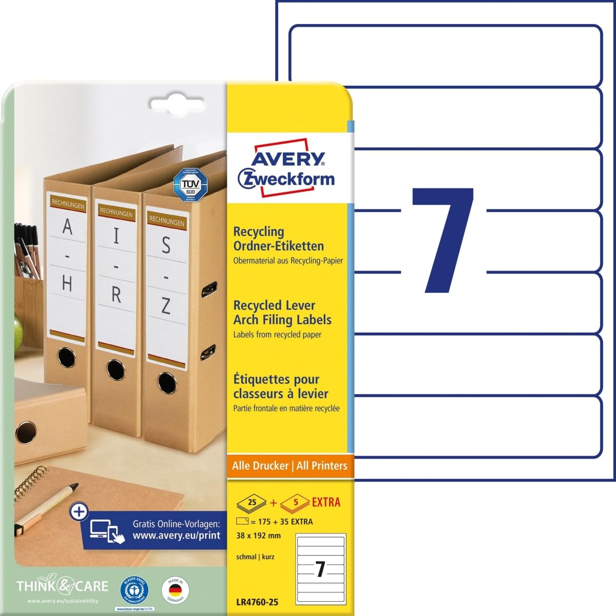 Avery Zweckform LR4760-25 Folder Labels Recycled 38 x 192 mm Permanent 25 Sheets 100 Labels White