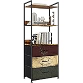 VASICAR Vertical Bookshelf with 3 Drawers, Narrow Bookcase with Shelves, Wood Storage Organizer Cabinet, Metal Frame Display 