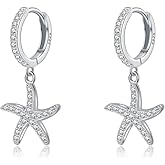 SLUYNZ 925 Sterling Silver CZ Starfish Hoop Earrings for Women Teens Starfish Huggie Earrings Drop for Beach