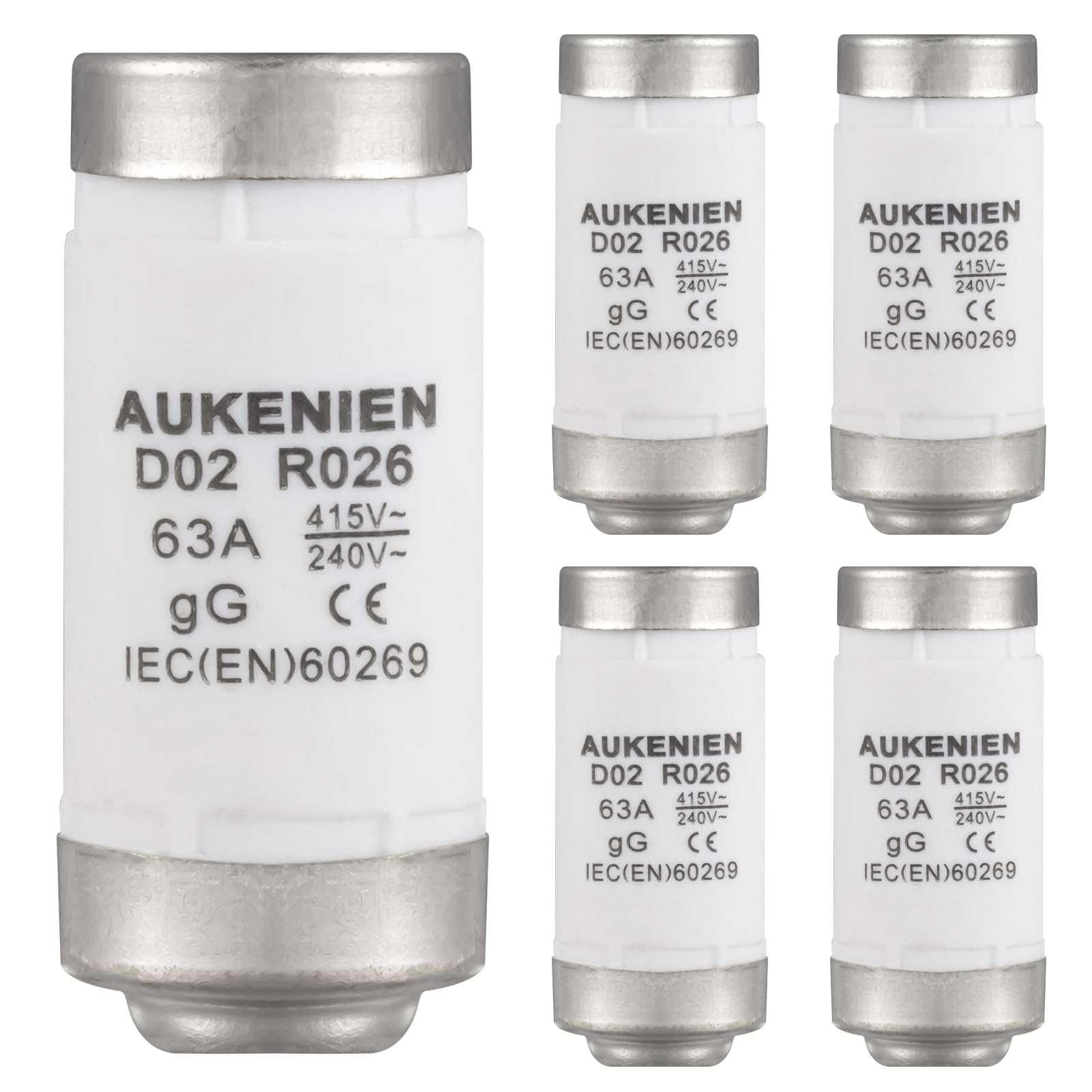 AUKENIEN Neozed Fuse 63A D02 E18 Spiral Ceramic Fuses 400VAC NEOZED fuse Insert 63 Amp 400V gL/gG for Cable and Line Protection(5Pieces)