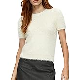 Yimoon Womens Furry Fuzzy Sweater Short Sleeve Pullover Knit Sweater Cozy Shaggy Knit Jumper