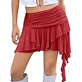 Yousify Women's Y2K Mini Skirts Mesh Flowy Ruffled Skirt Layered Low Rise Pleated Asymmetrical Short Skirts