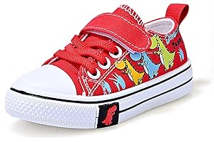 Cozystep Toddler Boys Girls Slip On Canvas Sneakers Cartoon Dinasour Printed Little Kid Unisex Adjustable Strap Walking Shoes Lazy Shoes with Hook and Loops