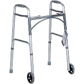 Dynarex Junior Two-Button Folding Walker with Wheels has Tool-Free Adjustable Height up to 32.5&rdquo; &amp; 300 Pound Weight Capacity, Silver, 1 Junior Two-Button Folding Walker with Wheels