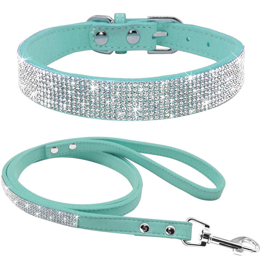 haoyueer Cute Dazzling Sparkling Elegant Fancy Soft Suede Leather Bling Rhinestone Crystal Jeweled Pet Cat Dog Puppy Collar Dog Leash Combo Set (S, Blue)