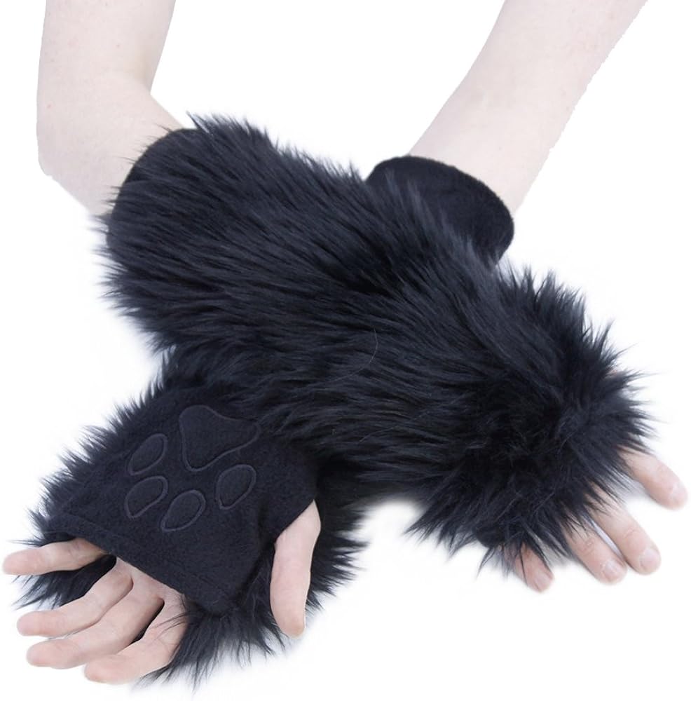 Pawstar Furry Paw Warmers Arm Hand Cover Fingerless Gloves - Shadow Black at  Women’s Clothing store