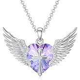 Flpruy Angel Wings Necklace with Cross 925 Sterling Silver Guardian Angel Wings Pendant with Birthstone Necklace Valentine's Day Anniversary Birthday Angel Jewelry Gifts for Women