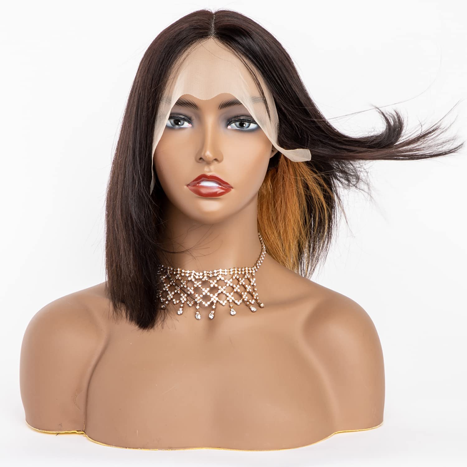 Originea Highlight Bob Wig Human Hair 13x6x1 Lace Front Wig Blonde Highlight Human Hair Wigs for Women 12 Inch 150% Density Ombre Short T-Part Straight Bob Peekaboo Wig (12 Inch, Brown)