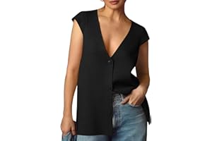 Saodimallsu Womens Deep V Neck Sweater Vest Sleeveless Knit Button Up Loose Fit Cap Sleeve Trendy Summer Tops