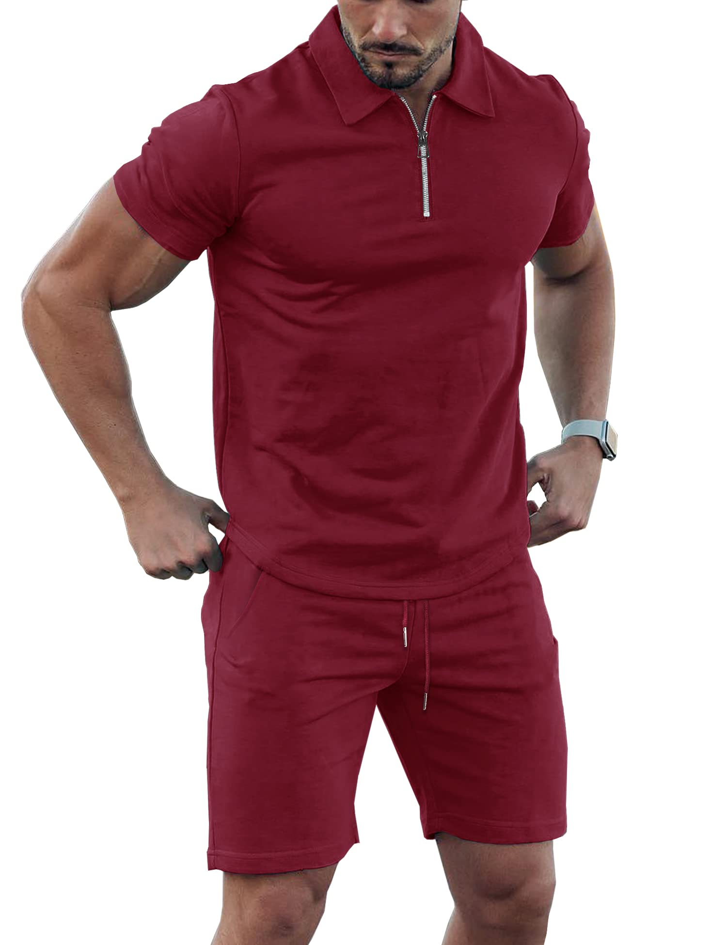 URRU Men's Short Sleeve Polo Shirts Set Zipper