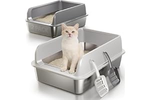 Fusblom 2 Pack Stainless Steel Cat Litter Box with Lid, Medium Metal Litter Pan for Standard Adult Cats, High Sides with Anti