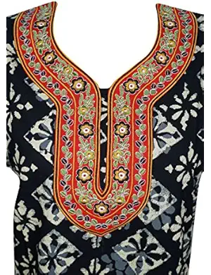 Womens Maxi Dress Caftan Black Neck Embroidered Cotton Kaftan Nightgown Summer House Dress