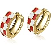 Sriomu Chic Checker Small Hoop Cartilage Earrings Teacher Earrings for Women;White Black Enamel Hypoallergenic Hooped Gifts Gold and Silver tone