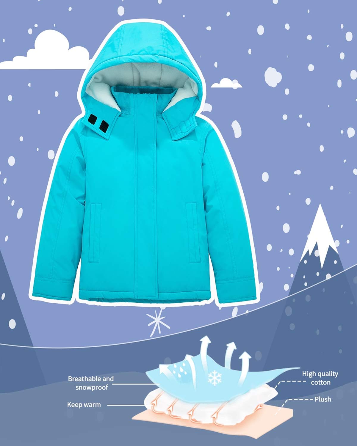 Wantdo Girl's Thicken Puffer Jacket Water-resistant Ski Jacket Windproof Hooded Warm Winter Coat: Clothing