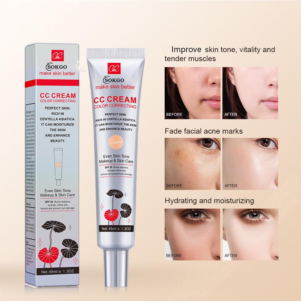 Fovcos Color Correcting CC Cream with SPF 25, Coverage Lightweight Foundation, Hydrating Serum, Even Skin Tone Makeup and Skin Care, Boost Radiance, Refine Skin Texture, Avoid Sun Damage (LightLight, 1PCS)