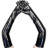 KLVEU Shiny Black Leather Gloves Long for Women Stylish Punk Style Leather Long Gloves for Party Versatile and Stretchable