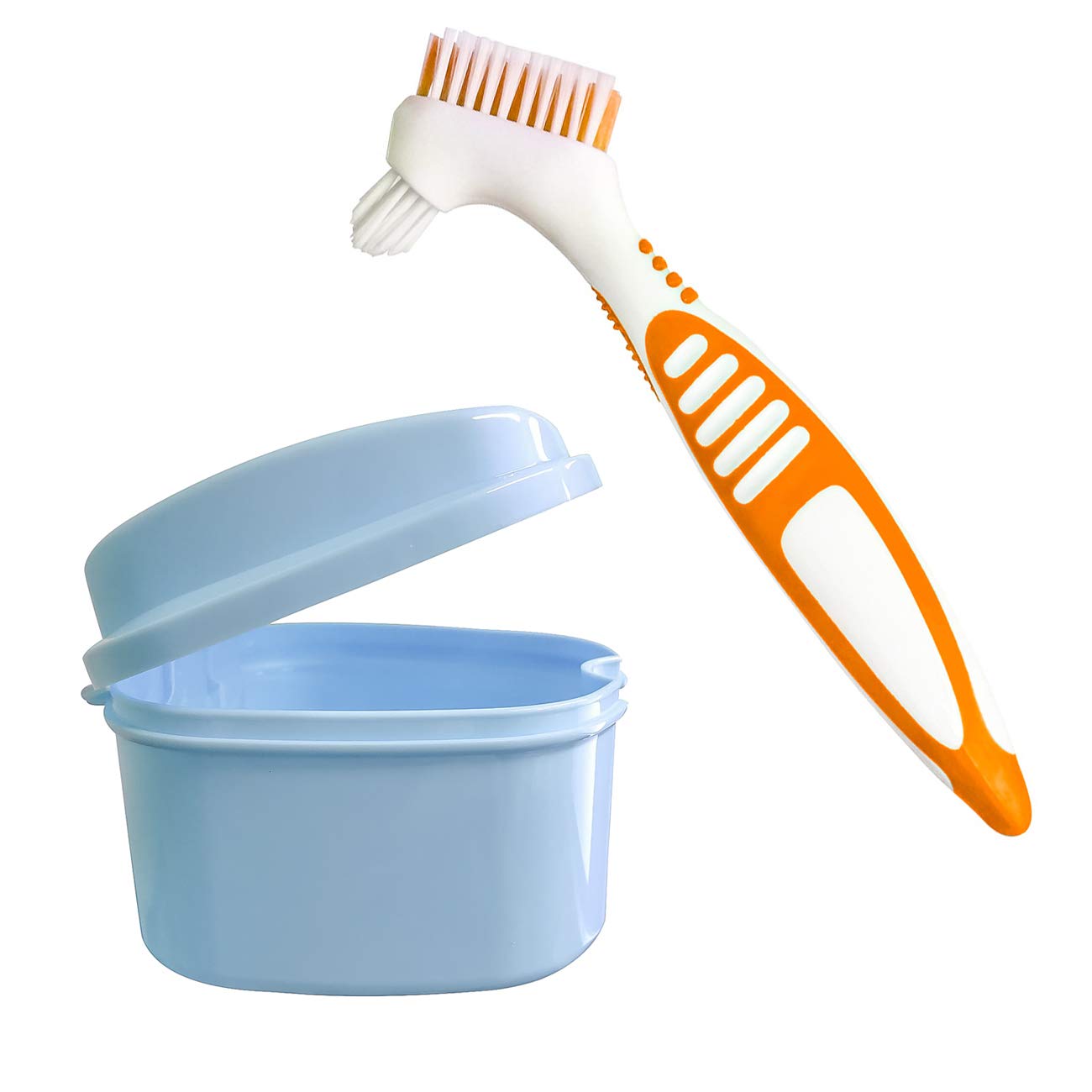 Denture Box Case with Brush, Travel Portable False Teeth Cup with Strainer, Denture Bath Container for Complete Cleaning Care (Light Blue) : Beauty