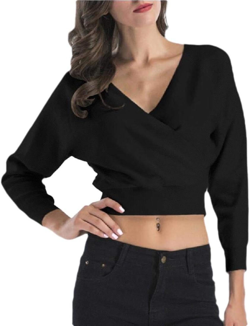 SOWTKSL Womens’ Sexy V Neck Wrap Sweaters Long Bat Sleeves Pullover