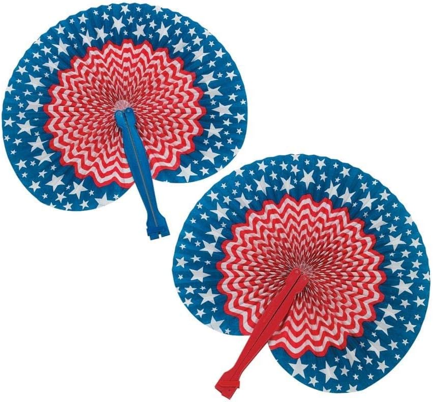 Fun Express 4th of July Decorations Paper Fans 12 Pack - Red White and Blue Patriotic Decor Hand Fans Foldable for Fourth of July Party Supplies | USA Americana Decor for Indoor Outdoor Celebrations