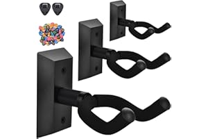 MOREYES Guitar Wall Mount 3 Pack with 40Pcs Guitar Picks, Black Hardwood Guitar Hanger, Rotatable U-Shaped Guitar Wall Hanger, Guitar Hook for Acoustic Guitar, Electric Guitar, Bass, Black