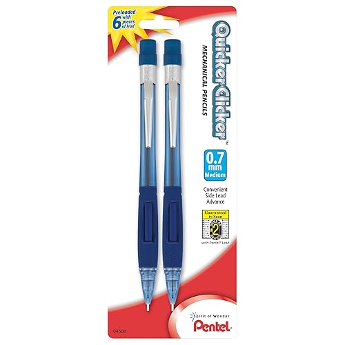 Pentel Quicker Clicker Automatic Pencils, 0.7mm, Transparent Blue Barrel and Purple Barrel, Pack of 2 Pencils (PD347BP2-K6)