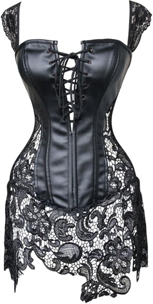 PULABO Women's Steampunk Gothic Faux Leather Bustier Corset with Lace Skirt