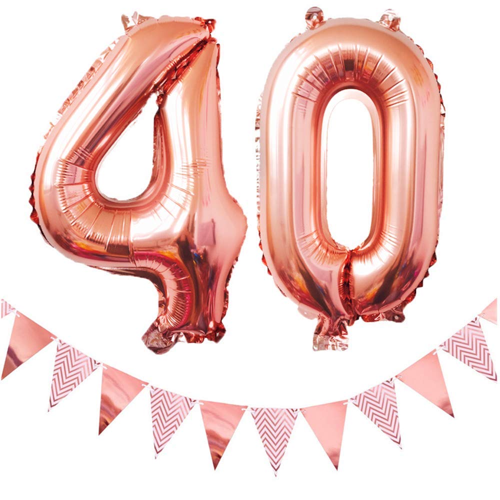 Pargleev Number 40 Foil Balloons with Bunting, 40th Birthday Helium Foil Balloons Giant Big 40inch Rose Gold Flag for Surprise Party Decorations Anniversary