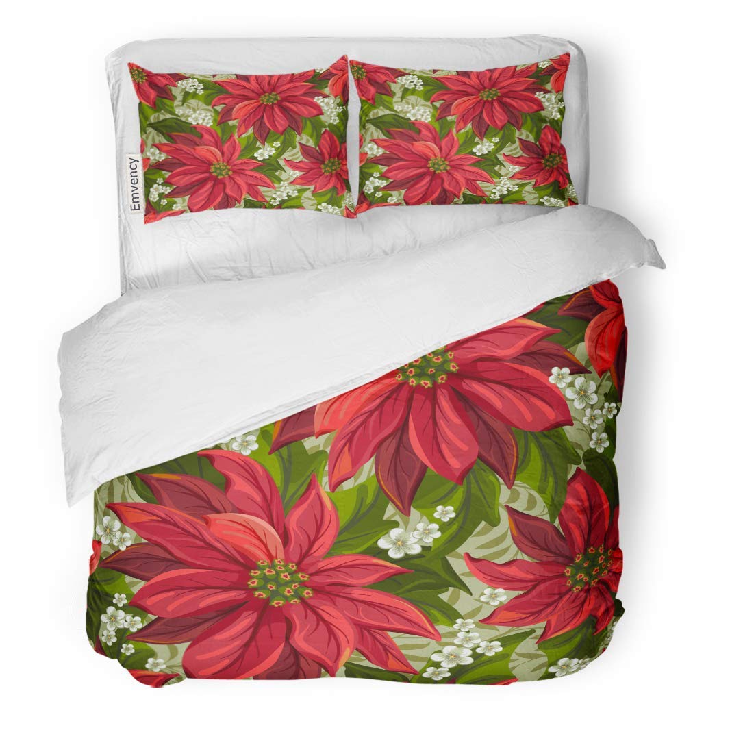 MIGAGA Decor Duvet Cover Set King Size Christmas Wonderful Seamless Background with Poinsettia Pattern Flower Vector Pointsettia 3 Piece Brushed Microfiber Fabric Print Bedding Set Cover