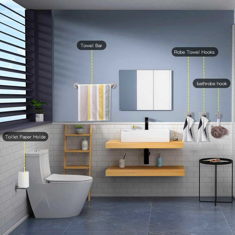 Bsicpro Bathroom Hardware Set 5-Piece Adhesive 304 Stainless Steel Bath Accessories Kit 16" Lengthen Hand Towel Bar+Toilet Paper Holder+3 Robe Towel Hooks (Brushed Nickel): Home & Kitchen