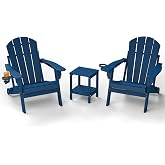 GREENVINES 3-Piece Folding Adirondack Chair Set w/Side Table, HDPE, Blue | 2 Cup Holders | 5’’ Wide Armrests | 2-Tier Storage