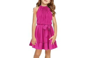 Newffr Girl's Halter Neck Sleeveless Summer Dress Tie Waist A-line Sundress Mini Swing Pleated Dress for Girls 4-12