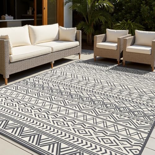 8x10 Outdoor Rug Braided Indoor Outdoor Rugs Carpet Non Slip Outdoor Patio Rug with Rubber Particles Backing, Boho Outdoor Area Rug for Patio Deck Porch Balcony Backyard Living Room, Blackish Grey