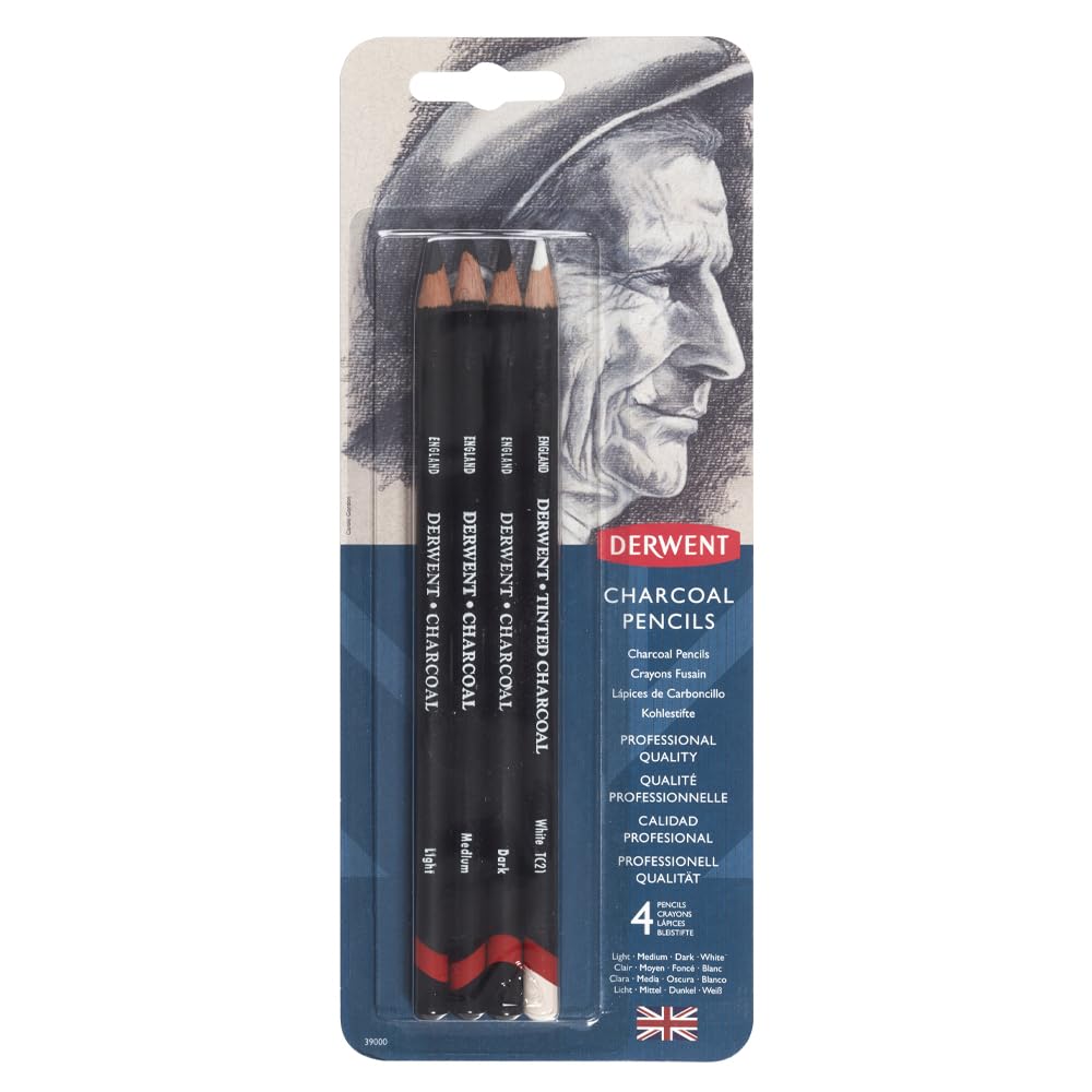 Derwent Charcoal Drawing Pencils, Professional Quality, 39000, Light, Dark and Tinted Charcoal White, Black, Set Of 4, Medium