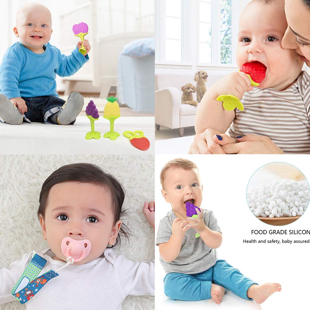 VDROL Anneaux de Dentition Bébé Naturel Sans BPA Jouet Dentition Fruits en Silicone avec Attache-Sucette pour Bébés et Nourrissons (7 Pièces)