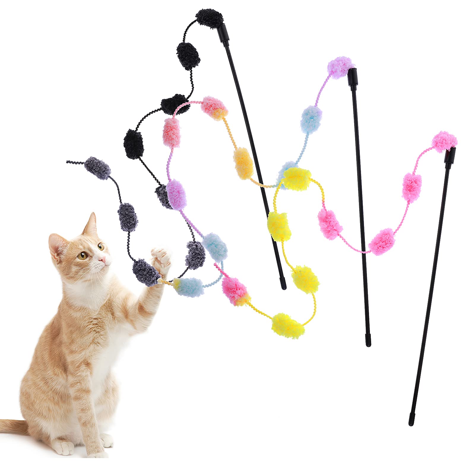 Cobee Cat String Toys, 3 Pack Interactive Cat Teaser Wand String Toys Colorful Ribbon with Furry Plush Balls for Kittens Stick Indoor, Cats to Play Chase Exercise