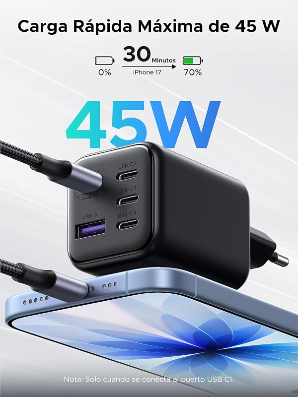 45W Cargador USB C Carga Rapida PPS 5 Puertos GAN Enchufe de Pared