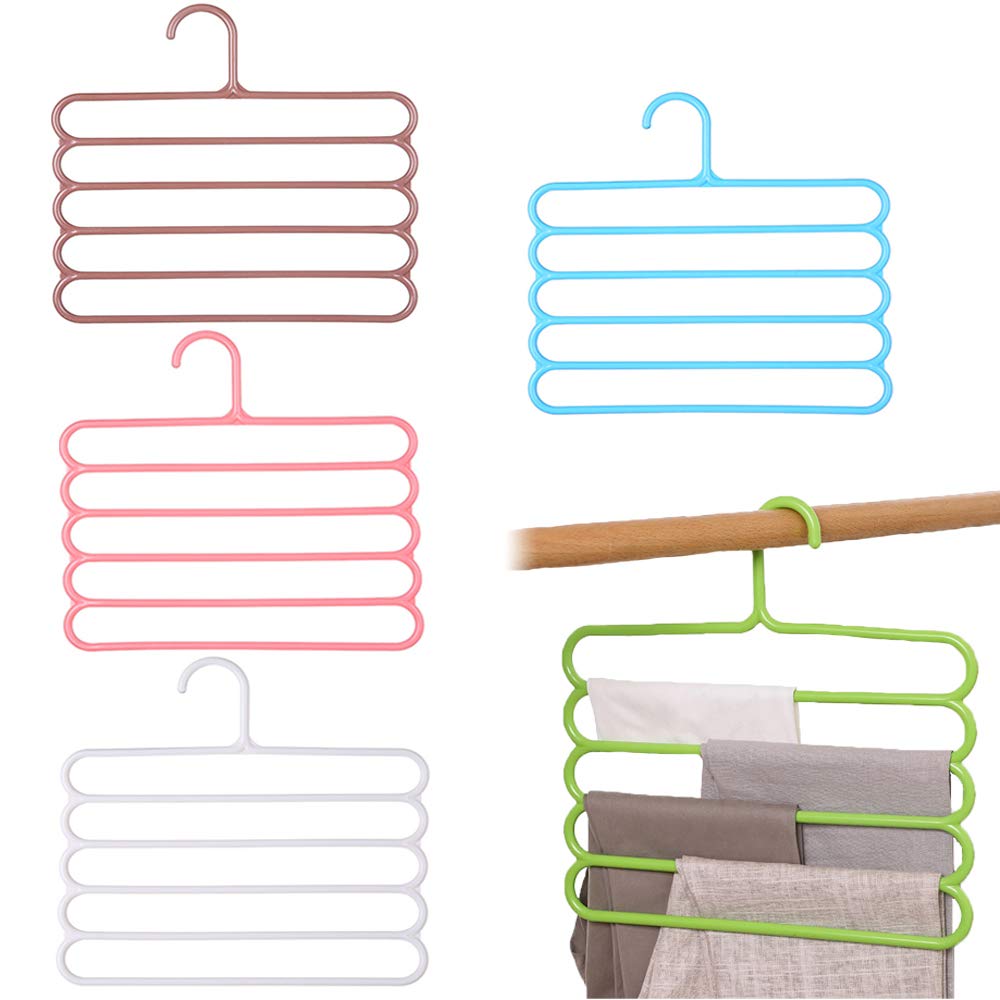LWZko Clothes Hangers - Pants, 5 Pieces Multi-Layer PP Plastic, 5 Layers Multi Pants Hanger, Jeans Rack, Space Saving, Non-Slip, for Pants, Scarves, Ties, Towels (5 Colors)