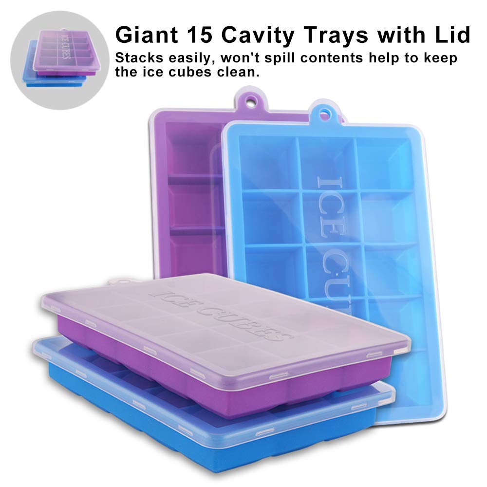 2-Pack Large Silicone Ice Cube Trays with Lids Easy Release Ice Cube Molds Set for Whiskey, Baby Food Silicone Cake Mold 15 Cavity