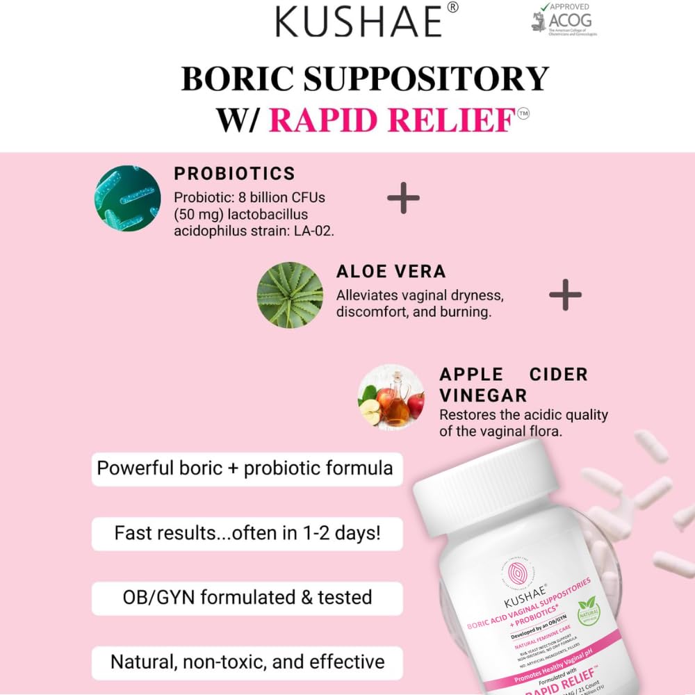 Kushae Boric Acid Suppositories + Rapid Relief with Applicator, All Natural Female Suppositories with Probiotics & Aloe Vera, Relieves Discomfort & Balances pH Level