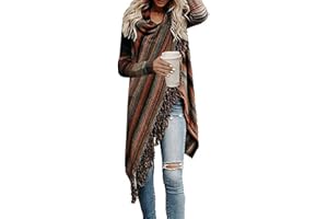 GOLDSTITCH Women's Open Front Knited Tassels Slash Loose Cardigan Crew Neck Speckled Fringe Sweater Outwear