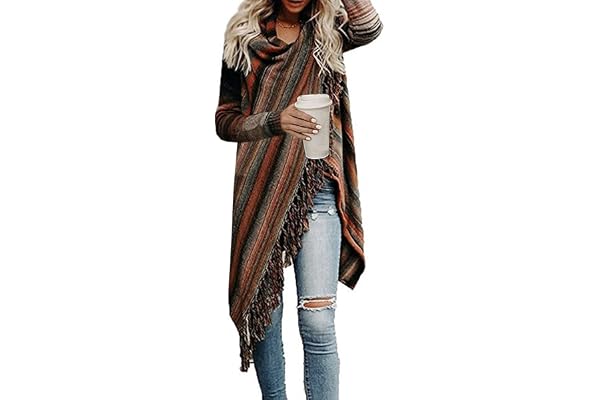 Women's Open Front Knited Tassels Slash Loose Cardigan Crew Neck Speckled Fringe Sweater Outwear