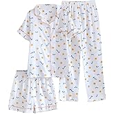 codcm Womens 3pcs Cotton Gauze Pajama Set Short Sleeve Sleepwear Floral Print Cute Pj Set with Long Pants