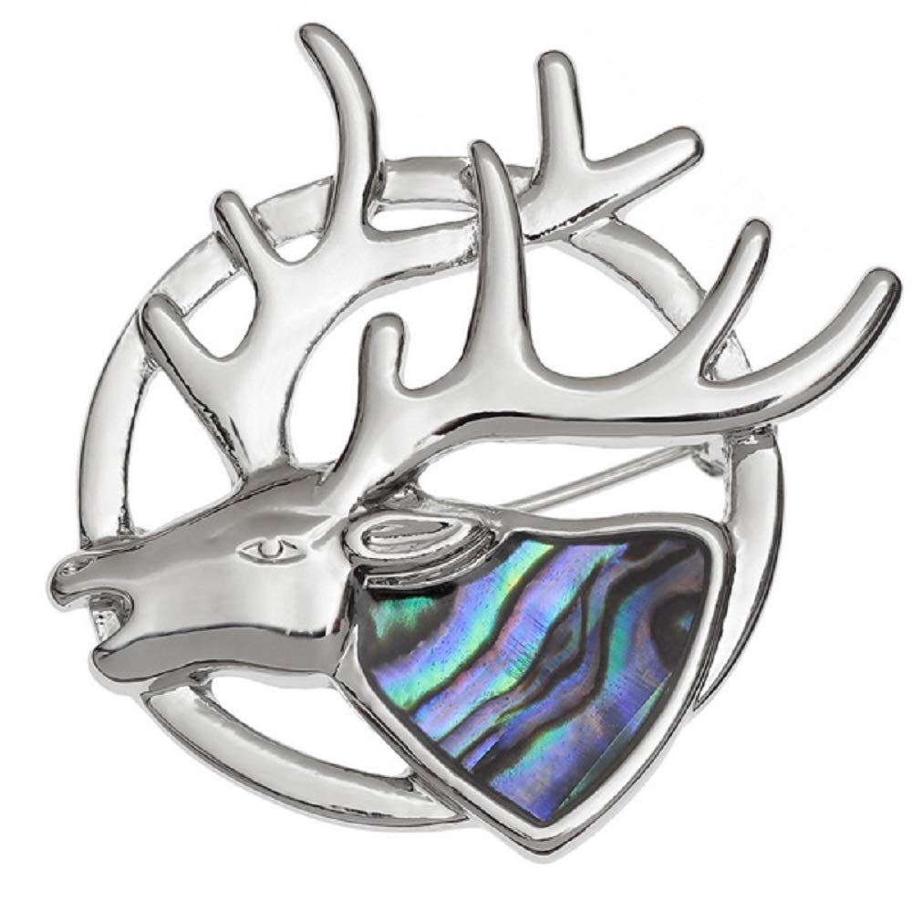BellaMira Lifestyle Accessories Brooch Lapel Pin Inlaid with Sustainable Ethically Sourced Abalone Shell Silver Plated Jewellery for Women Girls Gift Boxed (Stag Brooch - Abalone Shell)